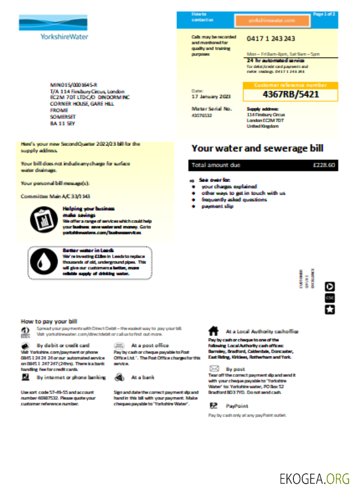 Facture commerciale du service d'eau du Yorkshire, page 1 SCR